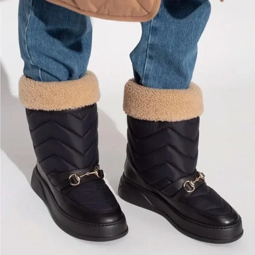 NEW GUCCI Quebec Shearling Horsebit Quilted Nylon and Leather Boots G 9 / US 9.5